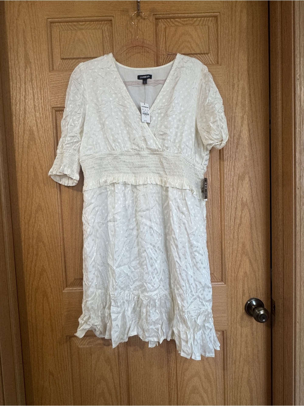 NWT Express White Satin Jacquard Polka Dot Smocked Mini Dress